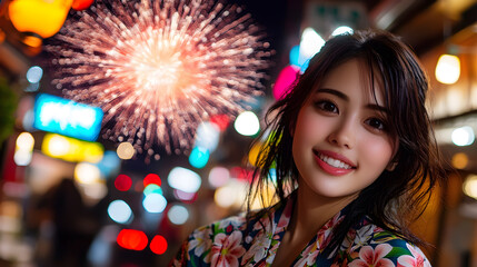 A woman is smiling in front of a fireworks display