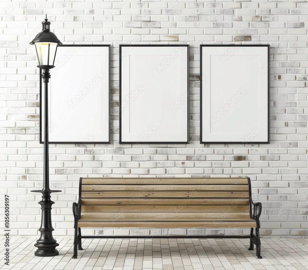 Wall mural three empty picture frames in black frames hang on a white brick wall with a bench and lamppost in t