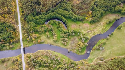 Steep bends and loops of the Merkys river, from above, Merkinė area, Lithuania. Dzūkija national park.