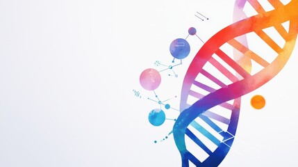 Colorful DNA helix with abstract scientific elements on a white background.
