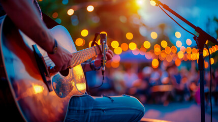 Obraz premium Rear view of a man playing an acoustic guitar at an outdoor concert, with a microphone stand in front, representing a musical performance