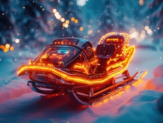 Sleigh with glowing AR navigation features, vibrant snowy backdrop, soft ambient lighting, photorealistic