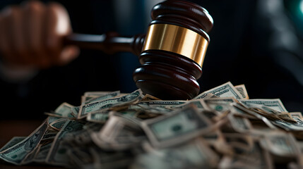 A judge is holding a gavel over a pile of money