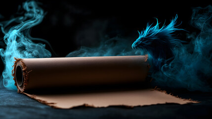 A blue dragon is on top of a piece of paper that is covered in smoke