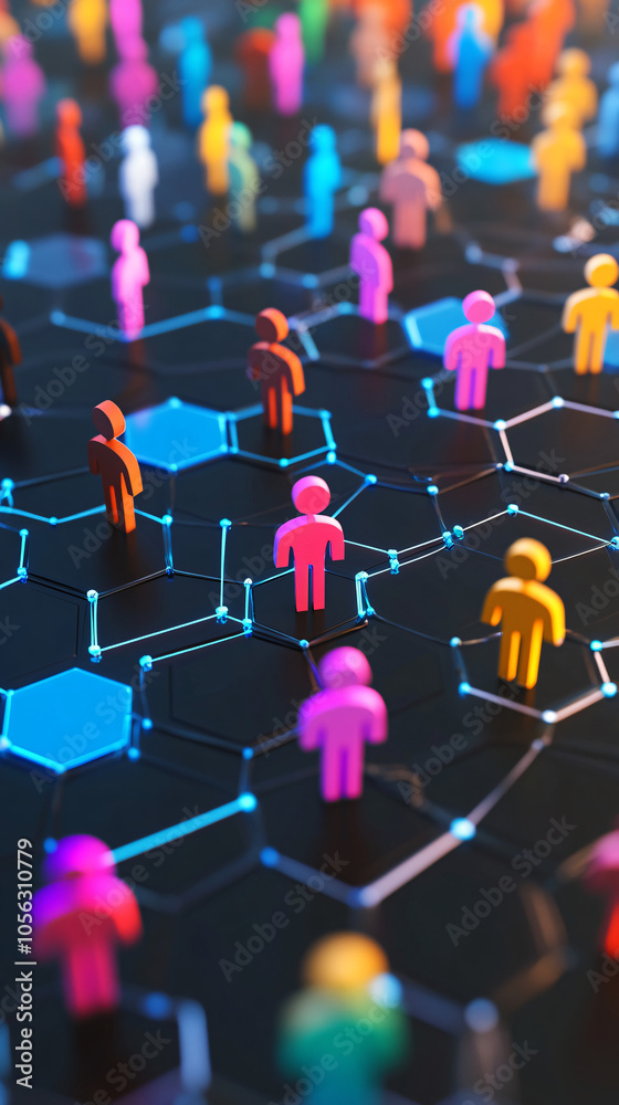 Poster colorful human figures standing on interconnected network representing global communication and soci