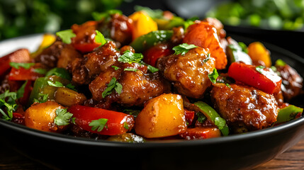 A black bowl of food with a variety of vegetables and meat