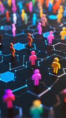 Colorful human figures standing on interconnected network representing global communication and social connectivity