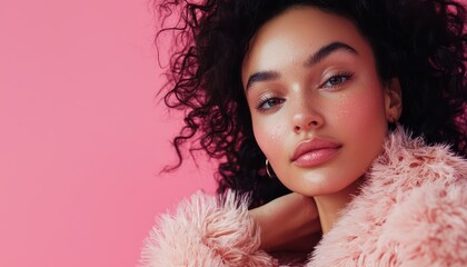 Young woman with clean fresh skin on a pink background, perfect for beauty and skincare ads.
