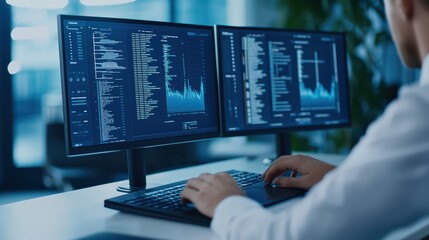 Person analyzing data on dual monitors with graphs and statistics in a modern workspace.