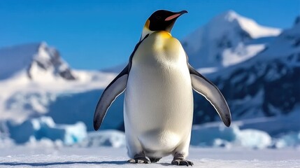 Fototapeta premium A king penguin showcases its vibrant colors while surrounded by stunning icebergs and a dramatic coastal landscape