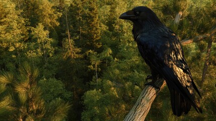 Fototapeta premium Raven Perched on Tree Branch in Lush Forest Setting