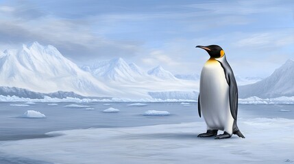 Fototapeta premium A king penguin showcases its vibrant colors while surrounded by stunning icebergs and a dramatic coastal landscape