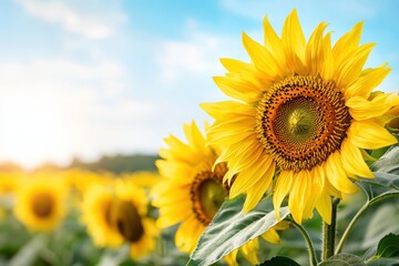Fototapeta premium Sunflowers blooming in a field under a bright blue sky, capturing the essence of summer and nature's beauty.
