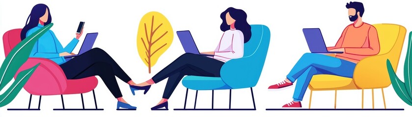 Three people working on laptops in colorful chairs, surrounded by leaves, engaging in a modern workspace.