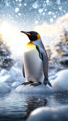 Fototapeta premium A king penguin showcases its vibrant colors while surrounded by stunning icebergs and a dramatic coastal landscape