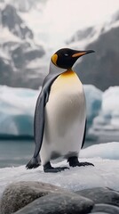 Fototapeta premium A king penguin showcases its vibrant colors while surrounded by stunning icebergs and a dramatic coastal landscape