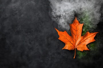 Vibrant orange maple leaf surrounded by misty smoke on a dark textured background.