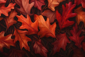 Fototapeta premium Vibrant red and orange oak leaves scattered on a dark background, showcasing autumn's beauty.