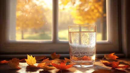 A glass of clear water sits on a table surrounded by vibrant autumn leaves, with a sunlit window framing the golden foliage outside, capturing a serene, warm autumn scene.