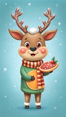 Cute christmas reindeer holding orange and festive pie while snowing