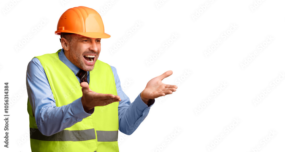 Poster Angry Builder Man Shouting Looking Aside Having Building Problem Standing Over White Studio Background, Wearing Orange Uniform And Hardhat. Panorama With Blank Space For Text