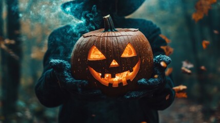 Naklejka premium A carved pumpkin with a glowing face is held by a cloaked figure in a misty, autumnal forest, surrounded by swirling smoke and falling leaves, evoking Halloween spirit.