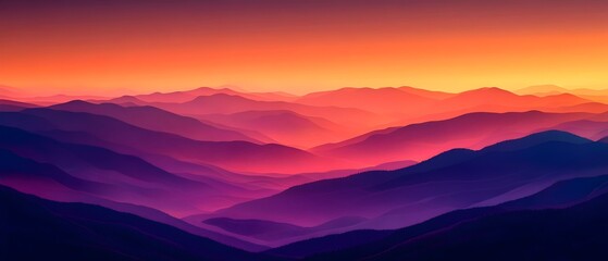 Fototapeta premium Stunning panoramic view of layered mountains at sunset, showcasing vibrant hues of orange, pink, and purple that create a serene and tranquil atmosphere.