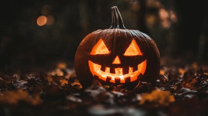 Naklejka premium A carved pumpkin with a glowing face sits amidst fallen autumn leaves, capturing a spooky and traditional Halloween atmosphere in the darkness of night.