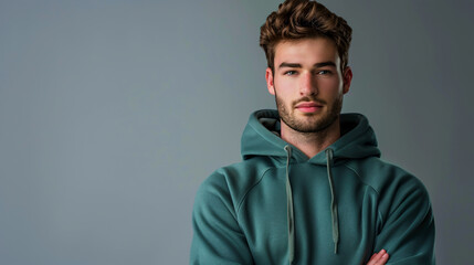 Fototapeta premium Handsome man in a green hoodie against a gray background
