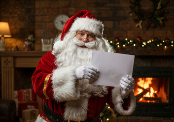 A Happy Santa Claus Holding A Blank Paper