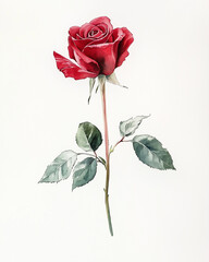 a watercolor drawing of a red rose with green leaf