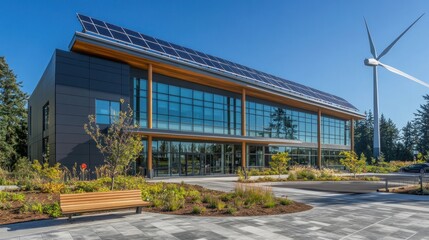 Obraz premium A large building with a wind turbine on top. The building has a lot of windows and is surrounded by a garden