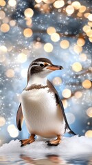 Fototapeta premium A penguin perches on an ice floe, overlooking blue waters and mountains, surrounded by floating debris in overcast light