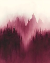 A serene landscape featuring misty mountains and tall evergreen trees, enveloped in shades of deep crimson and soft cream. The atmospheric tones evoke a sense of tranquility.