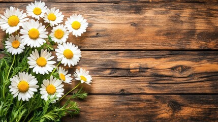 Obraz premium Fresh Daisies on Wooden Table Background