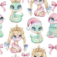 Adorable snakes, Cartoon. Symbol wealth of Chines New Year 2025 in cute cartoon style seamless pattern for souvenirs, printing, packaging, fabric Creatures Designed with Vibrant and Festive Themes for