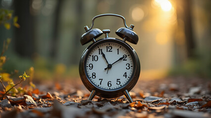 old alarm clock on autumn leaves