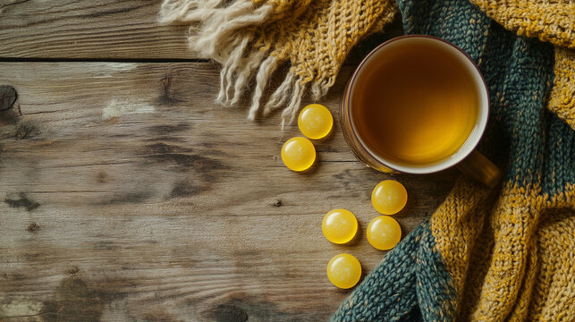 Top view of a cozy autumn scene with a cup of tea, yellow cough drops, and warm knitted blankets on a rustic wooden surface