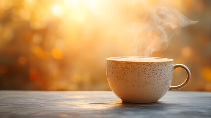 Fototapeta premium A beautifully crafted coffee cup, warm steam curling upwards, placed on an autumn-toned background with soft lighting and space for promotional text