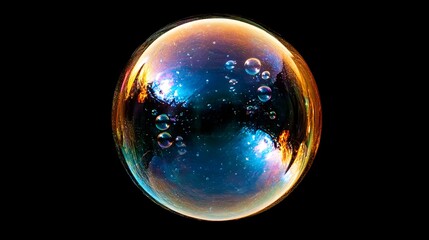 Fototapeta premium Detailed capture of a fragile soap bubble showing colorful patterns of light refraction, against a black, void-like space. Soap bubble, refraction, moody