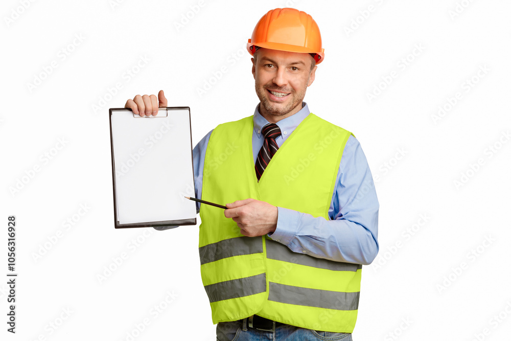 Poster building career. construction worker offering to sign labor contract holding folder posing over whit