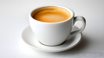 Obraz premium Close-up of espresso with rich crema in a white ceramic cup, minimalist presentation, clean white background, modern cafe style