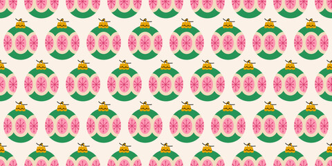 Seamless Christmas pattern with green ornaments with pink snowflake and yellow tops. New year joys. Winter season background. Noel backdrop. Retro print for fabric, wrapping paper, cards.