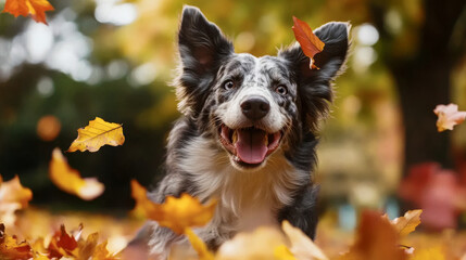 Dog plays happily in colorful autumn leaves.