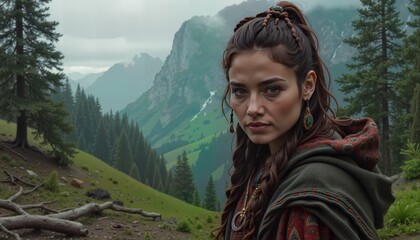 Naklejka premium Young Woman in Traditional Attire with Intense Expression in Misty Mountain Landscape