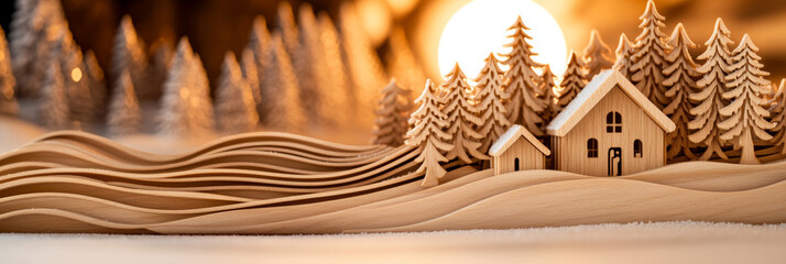 Wooden winter scene with houses and trees.