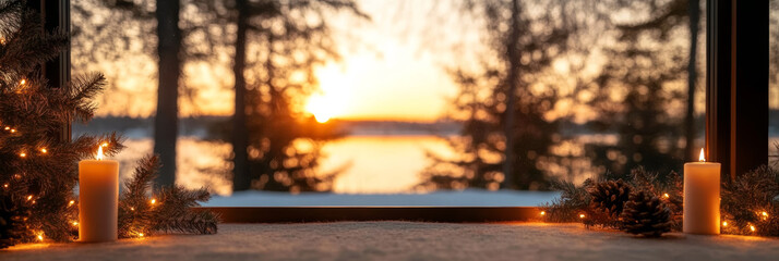 Obraz premium Two candles glow beside a window with a stunning sunset view.