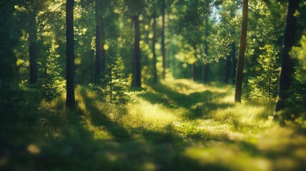 Fototapeta premium A forest with trees and grass. The sun is shining through the trees. The grass is green and the trees are tall