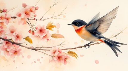 Graceful swallow bird sitting on branch surrounded by blooming flower scene picture