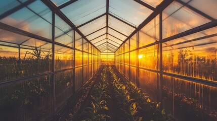 A panoramic view of a greenhouse during sunset, with the glass panels reflecting the golden light